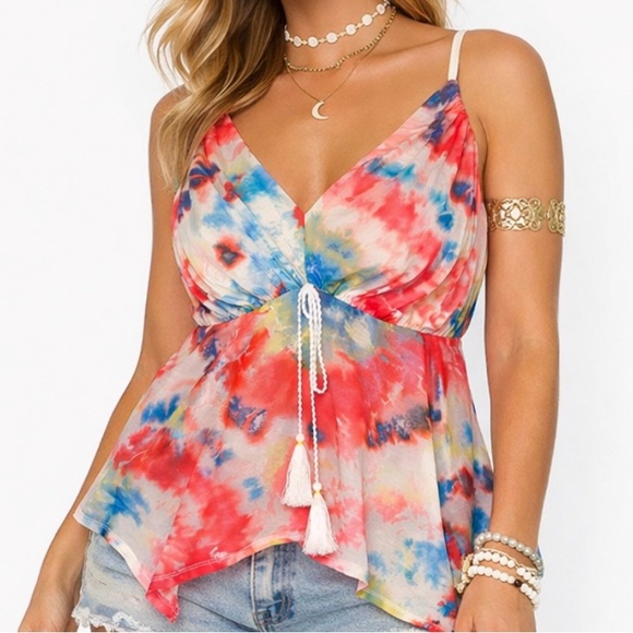 VENUS Tops - VENUS Y2K Babydoll Sheer Mesh Asymmetric Fairy Cami Coquette Tie Dye Boho Size M